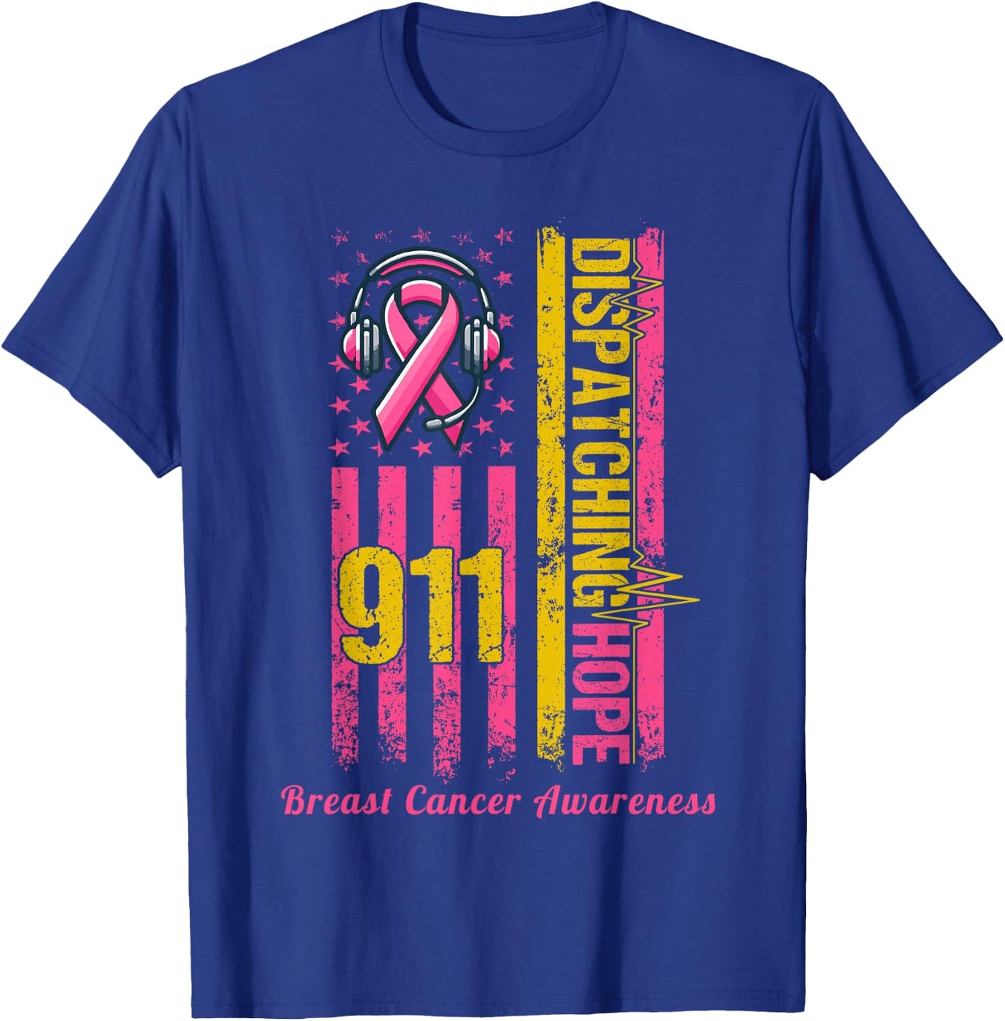 911 Dispatcher Breast Cancer Awareness American Flag T-Shirt - T-Shirt | Royal
