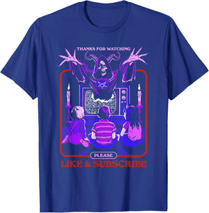Steven Rhodes Demonic Like and Subscribe Cult Dark Humor T-Shirt - T-Shirt | Royal