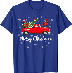 Santa Riding Red Truck Northern Cardinal Bird Christmas T-Shirt - T-Shirt | Royal