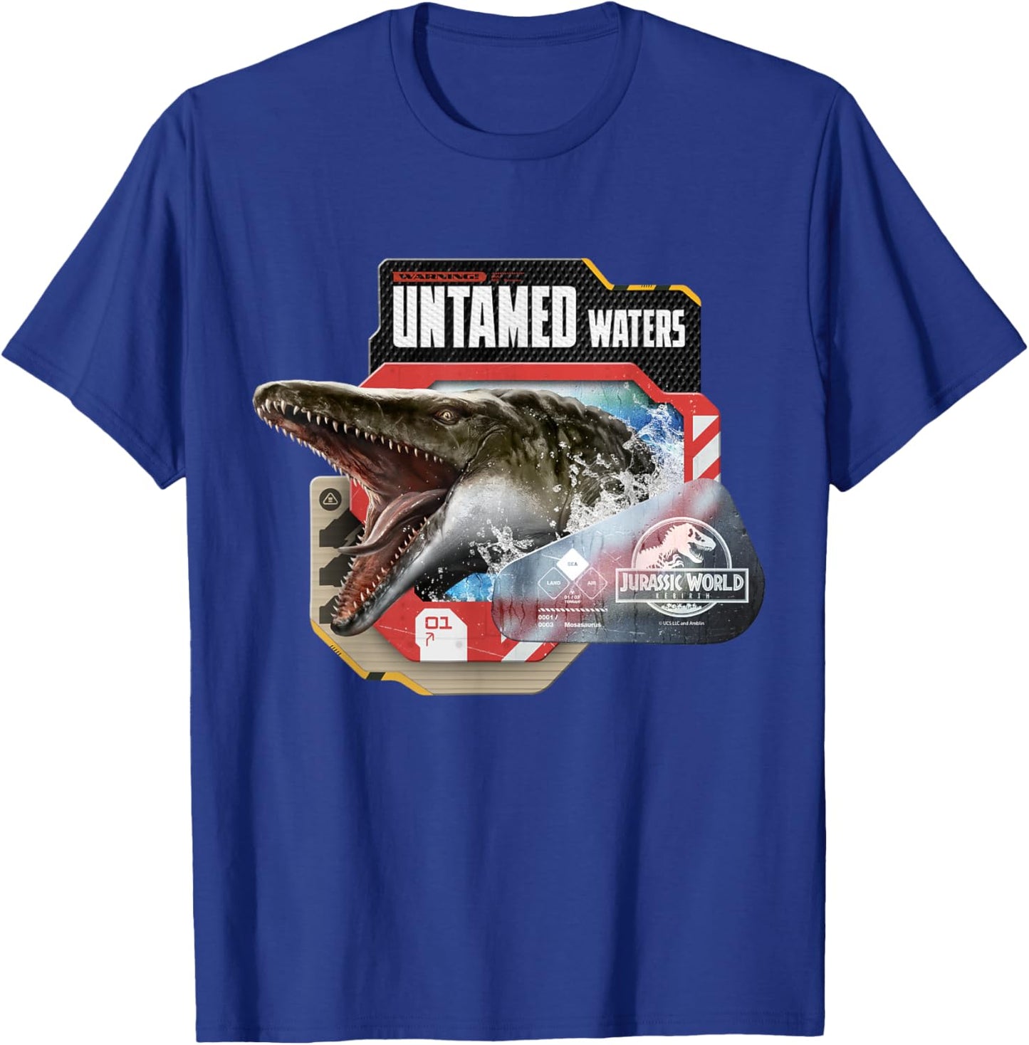 Jurassic World Rebirth Warning Untamed Waters Mosasaurus T-Shirt - T-Shirt | Royal