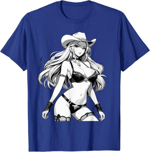 Sexy Waifu Anime Cowgirl Japanese in Black and White Art T-Shirt - T-Shirt | Royal