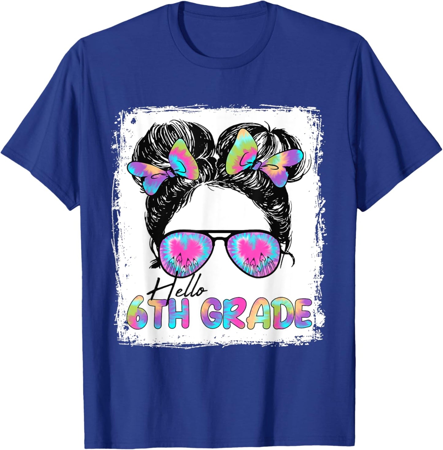 Hello 6th Grade Messy Hair Bun Girl Back To School First Day T-Shirt - T-Shirt | Royal
