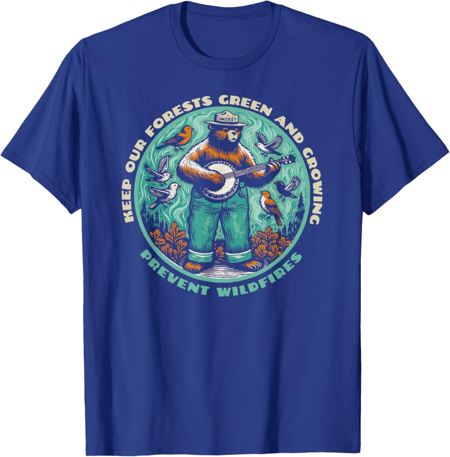 Prevent Wildfires Smokey Bear, Banjo & Birds T-Shirt - T-Shirt | Royal