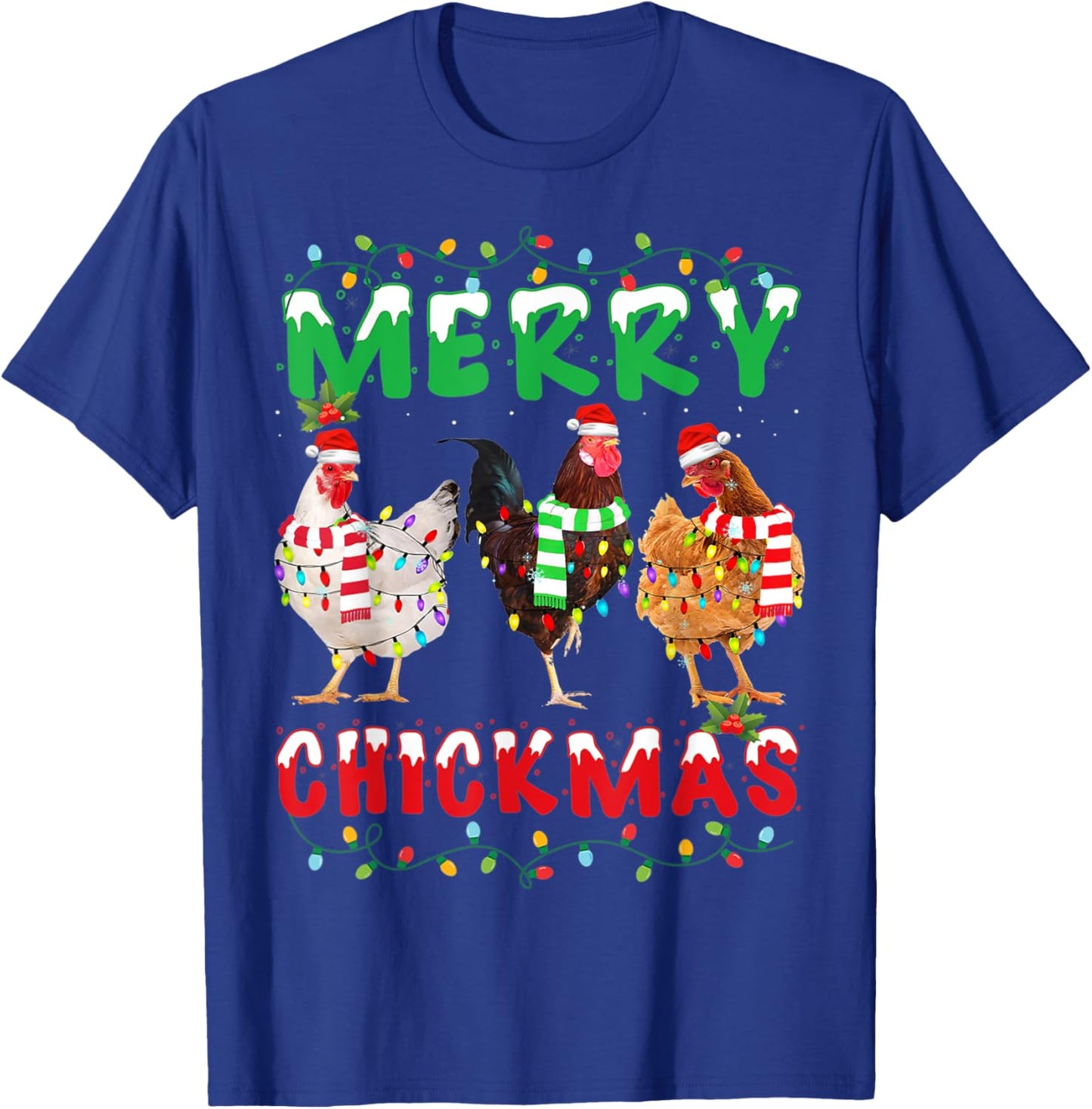Merry Christmas Chicken Shirt Santa Hat Lights Funny Gift T-Shirt - T-Shirt | Royal