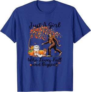Just A Girl Who Loves Fall And Bigfoot Gift Thanksgiving T-Shirt - T-Shirt | Royal