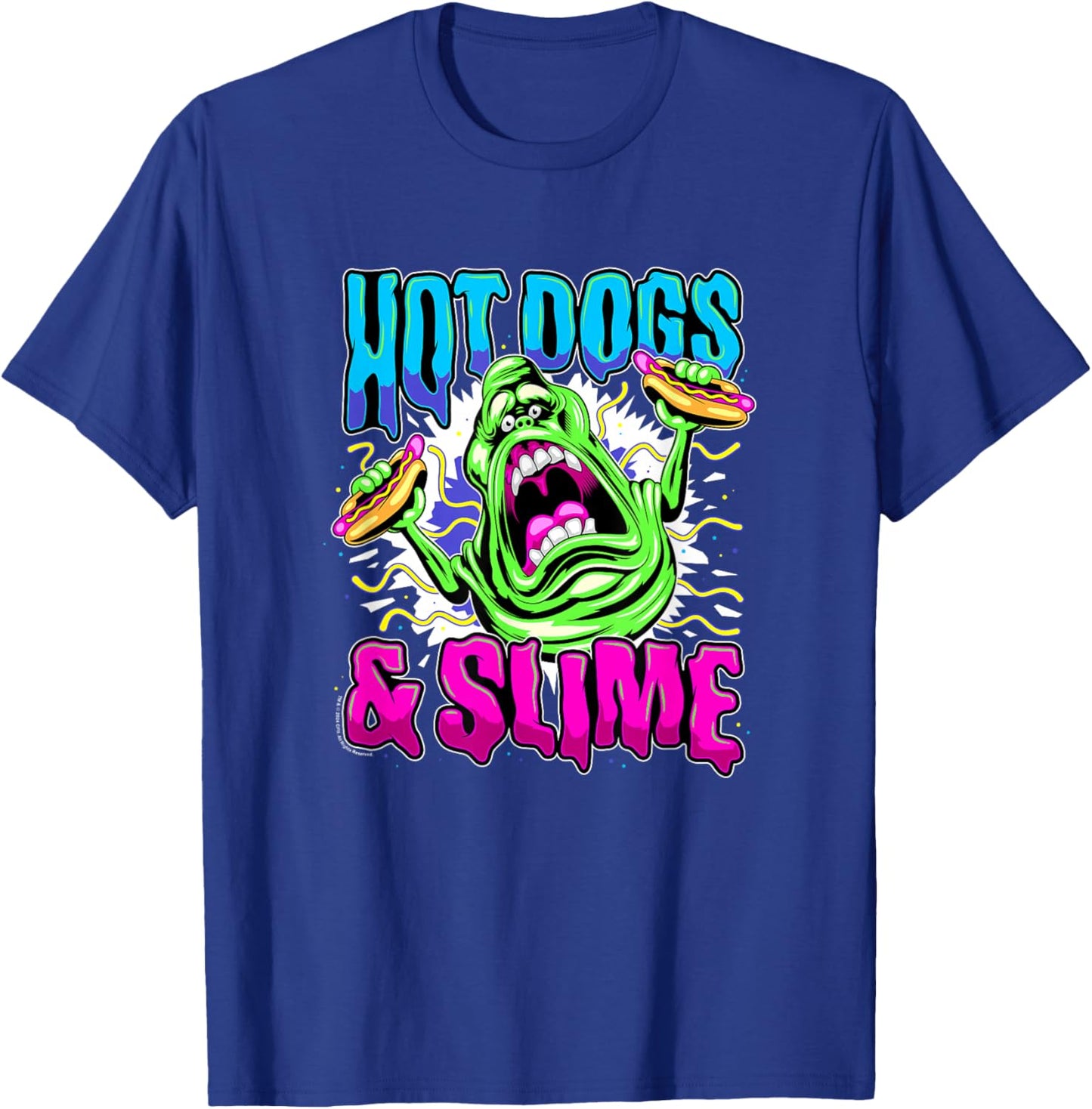 Ghostbusters Vintage Slimer Retro Hot Dogs & Slime Logo T-Shirt - T-Shirt | Royal