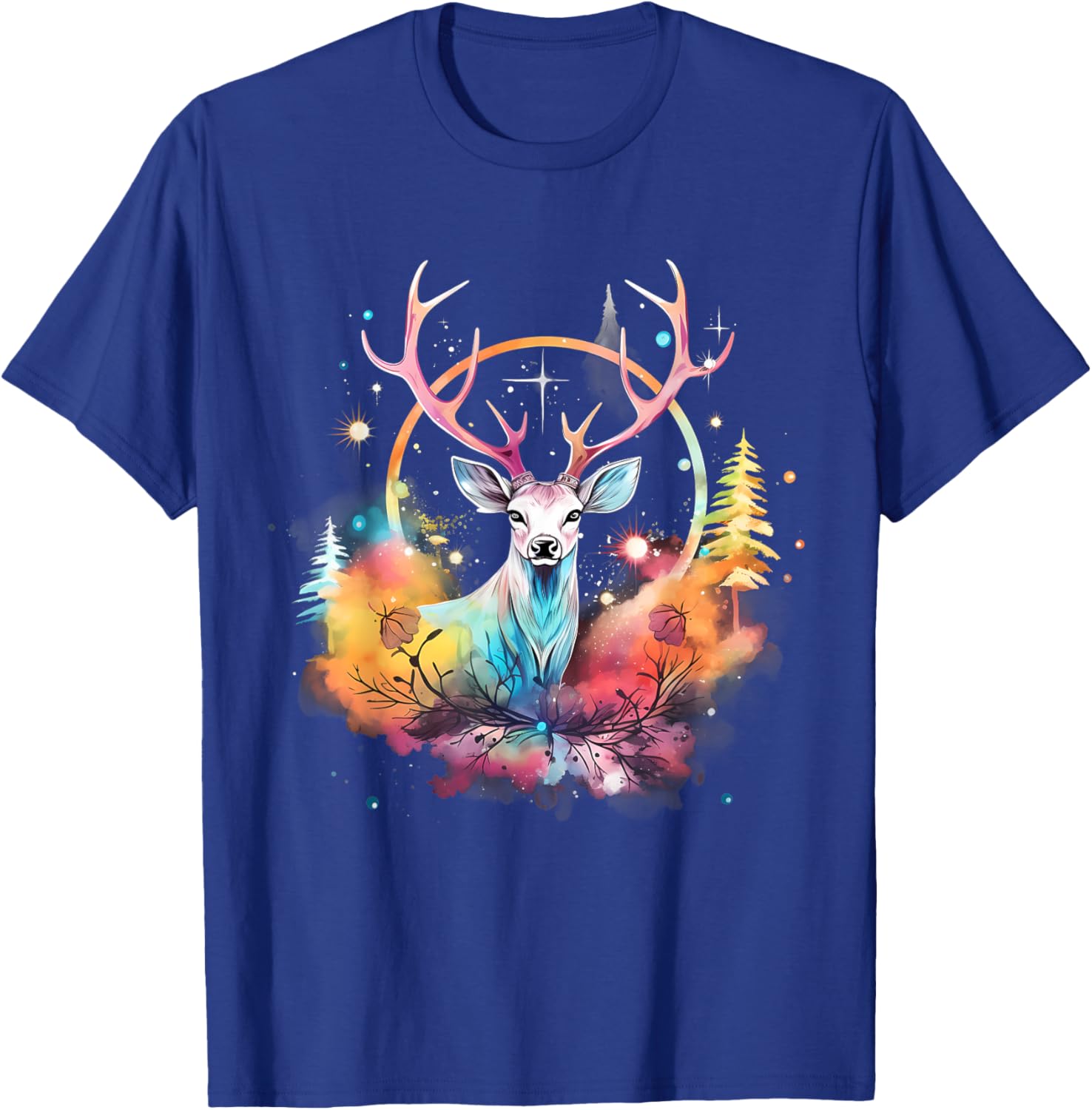 Deer Colourful Floral Motif Forest Nature Animal Lovers T-Shirt - T-Shirt | Royal