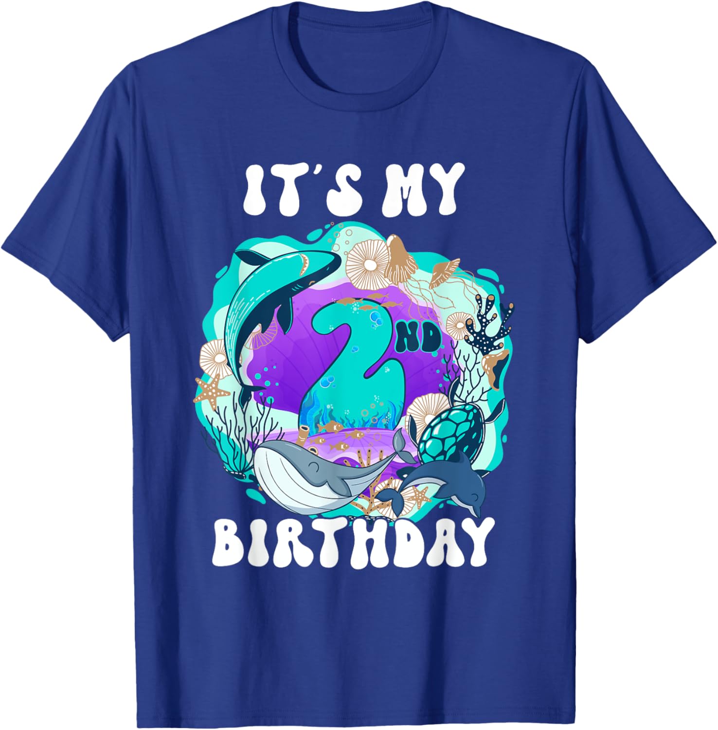 My 2 Year Old Ocean Life Whale Dolphin Shark 2nd Birthday T-Shirt - T-Shirt | Royal