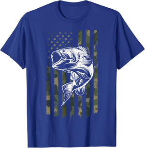 Large mouth Bass Fishing Camo American Flag USA Fisherman T-Shirt - T-Shirt | Royal