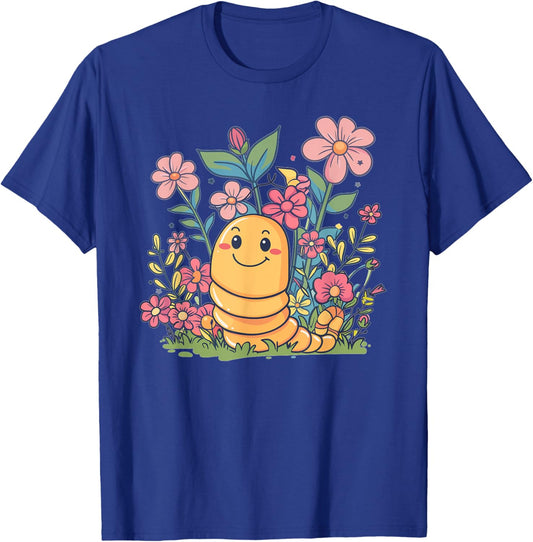 Cute Worm With Flowers I Kids Worm T-Shirt - T-Shirt | Royal