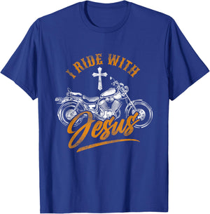 Christian Motorcycle Biker I Ride With Jesus Faith T-Shirt - T-Shirt | Royal