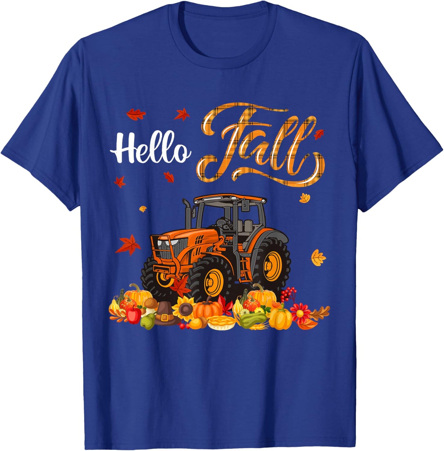 Thanksgiving Fall Orange Plaid Autumn Pumpkins Tractor Lover T-Shirt - T-Shirt | Royal