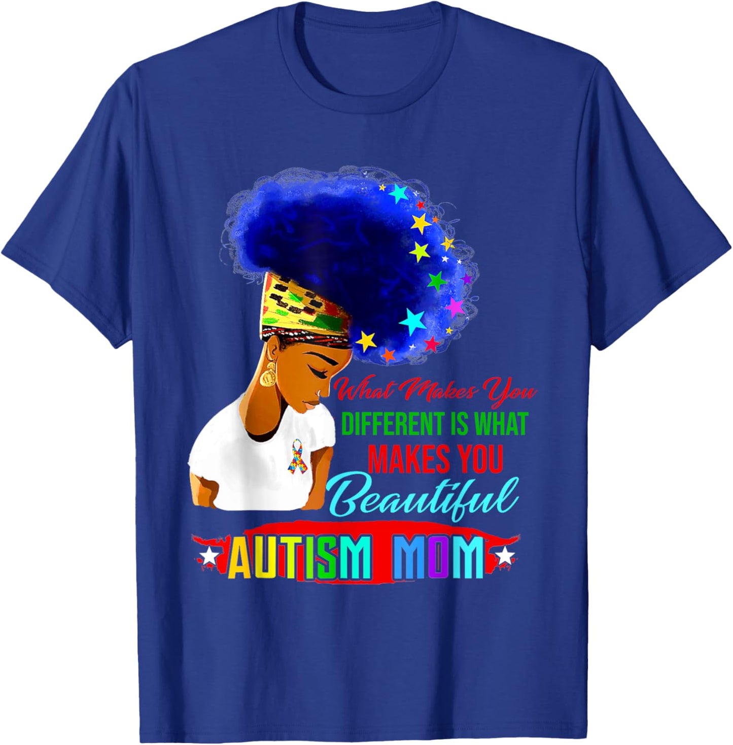 Black Afro American Autism Awareness Mom Rainbow T-Shirt - T-Shirt | Royal