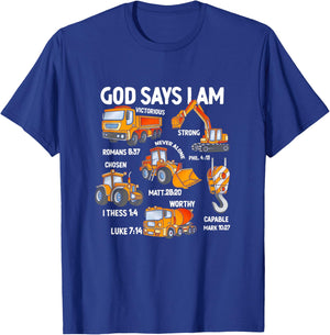 Kids God Says I Am Construction Vehicle Bible Verse Truck T-Shirt - T-Shirt | Royal