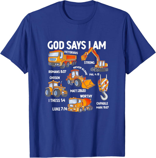Kids God Says I Am Construction Vehicle Bible Verse Truck T-Shirt - T-Shirt | Royal