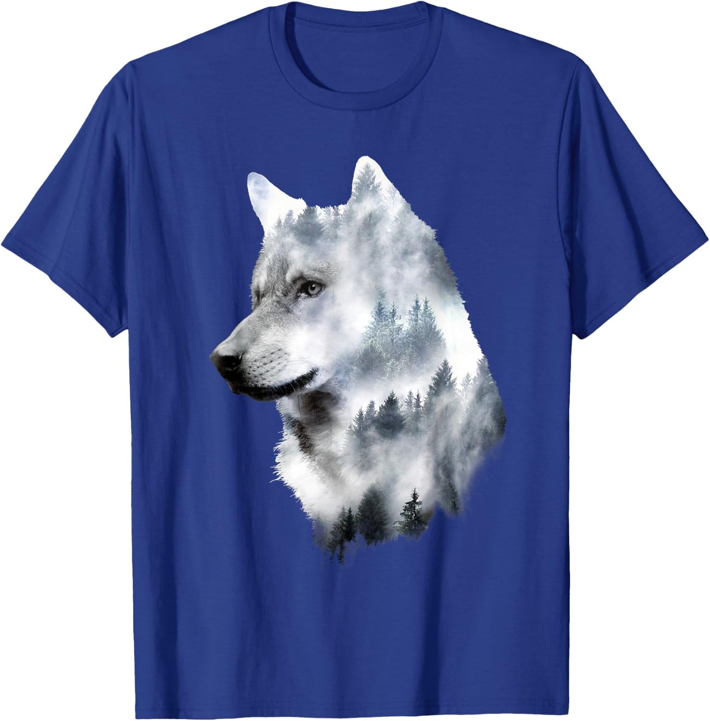 Dramabite Double Exposure Wolf - Men's Black Small Classic Fit Short Sleeve Animal-Wolf Graphic T-Shirt - T-Shirt | Royal