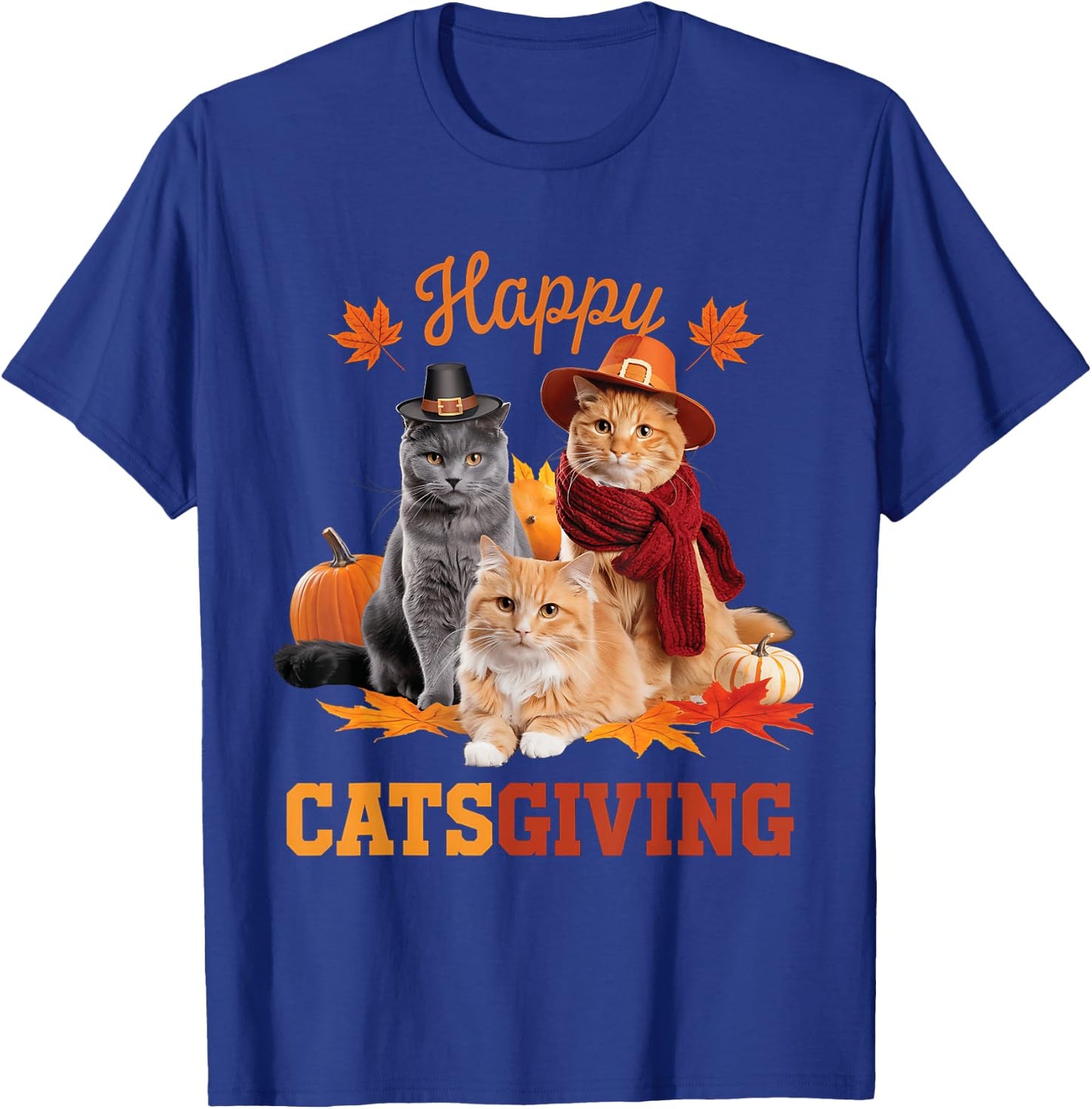 Happy Catsgiving Cute Thanksgiving Cat Wears Pilgrim Hat Women Girls Kids T-Shirt - T-Shirt | Royal