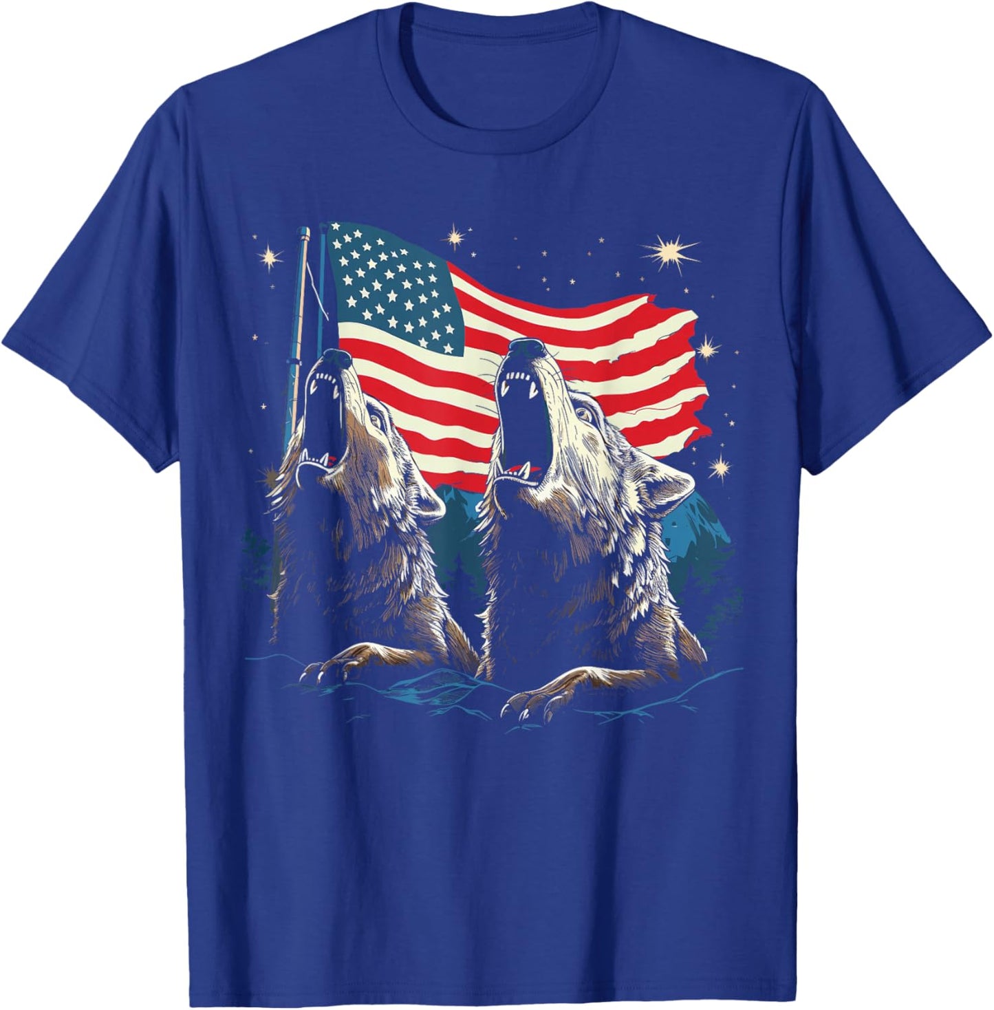 Wolves Moon Howling Wolf American Flag Wolves T-Shirt - T-Shirt | Royal