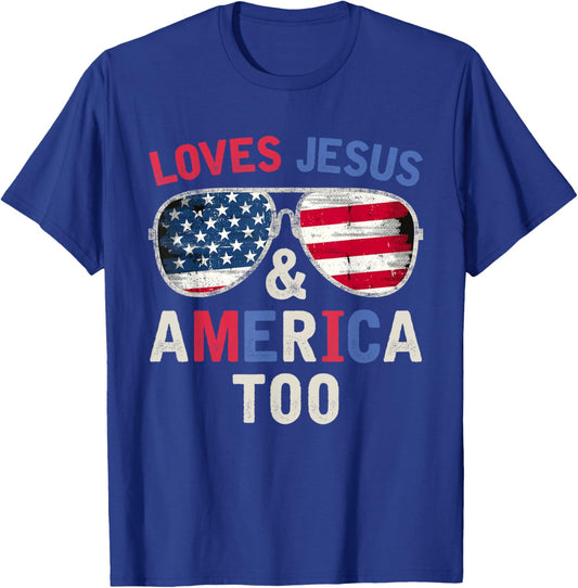 Loves Jesus and America Too Retro God Christian 4th of July T-Shirt - T-Shirt | Royal