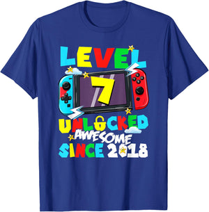 Level 7 Unlocked Awesome Since 2018 7th Birthday Video Gamer T-Shirt - T-Shirt | Royal