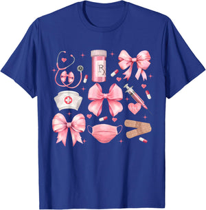 Women Pink Retro Nurse Coquette Pink Bow Girlie Nurse Life T-Shirt - T-Shirt | Royal
