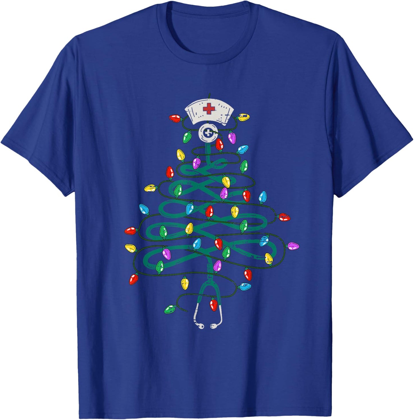 Stethoscope Christmas Tree Lights Nurse Christmas Scrub Top T-Shirt - T-Shirt | Royal