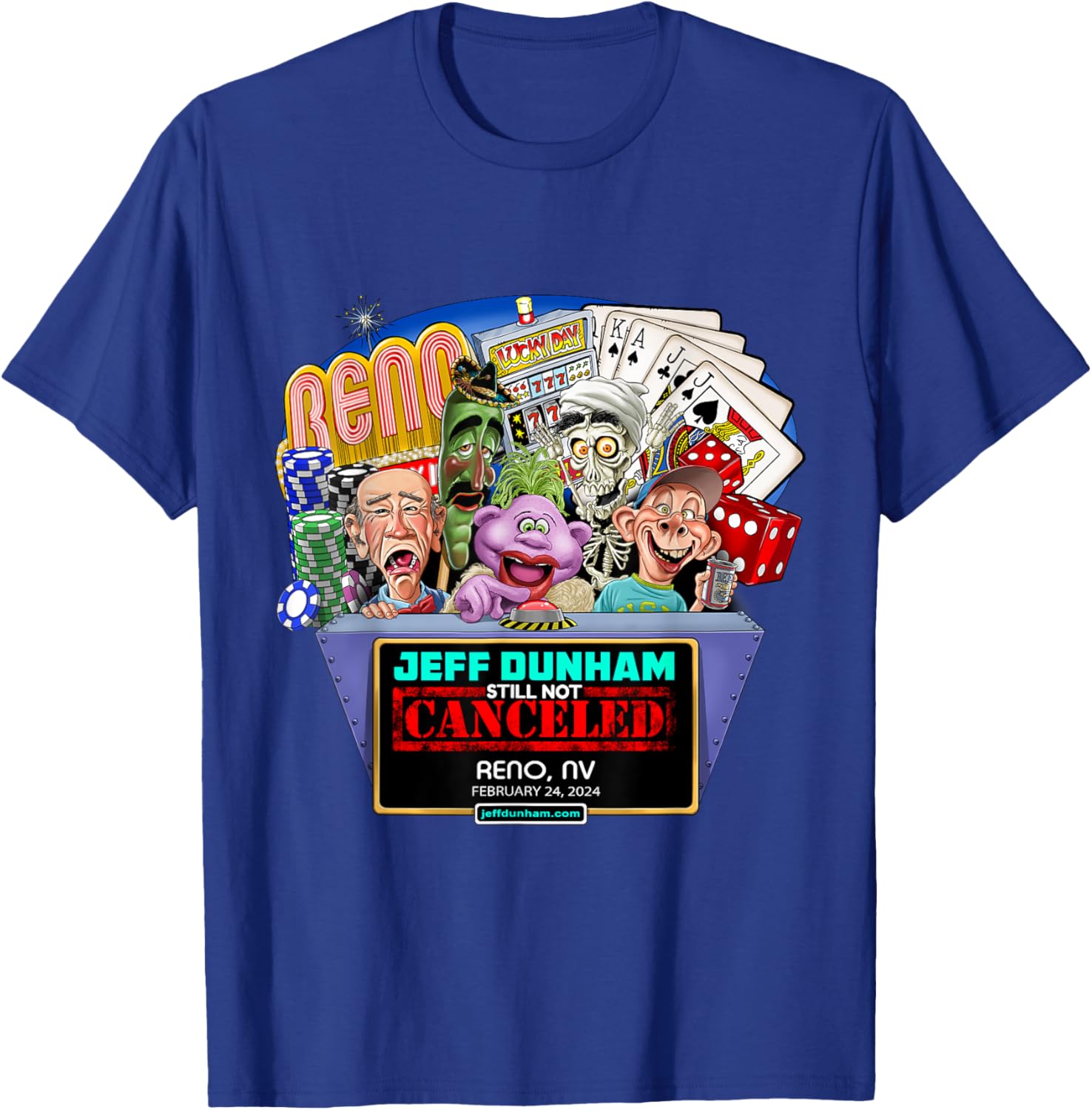 Jeff Dunham Reno, NV (2024) T-Shirt - T-Shirt | Royal