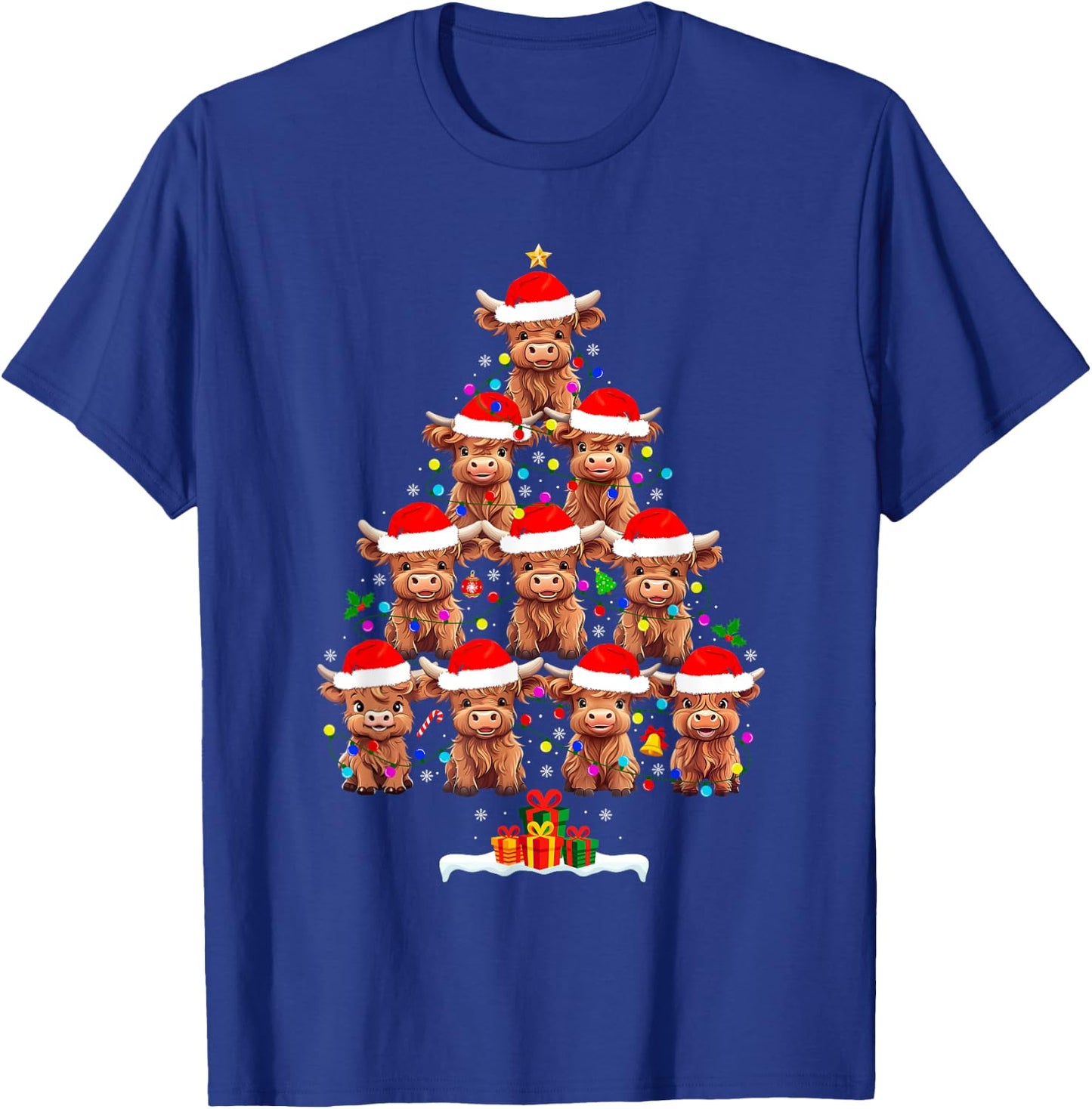 Scottish Highland Cow Christmas Tree Lights Xmas Pajamas T-Shirt - T-Shirt | Royal