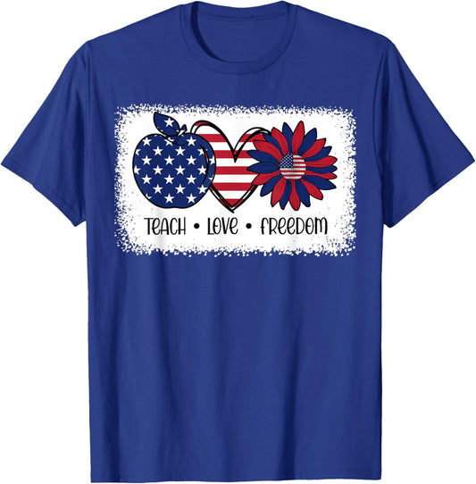 American Flag Teach Love Freedom Preschool Teacher 4th July T-Shirt - T-Shirt | Royal