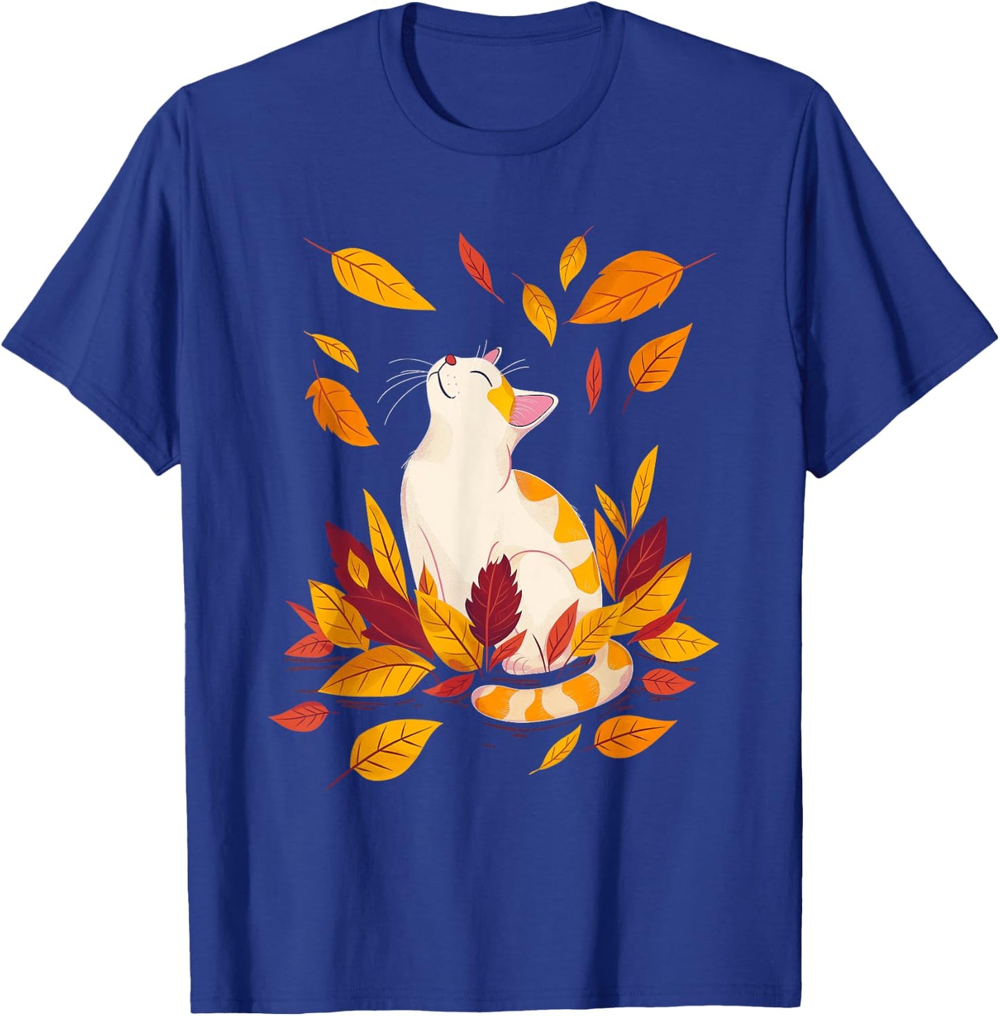 Cat Fall Leaf Tree Hello Autumn Thanksgiving T-Shirt - T-Shirt | Royal