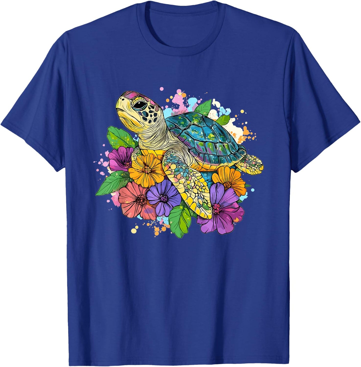 Vibrant Turtle with Flowers Splash T-Shirt - T-Shirt | Royal