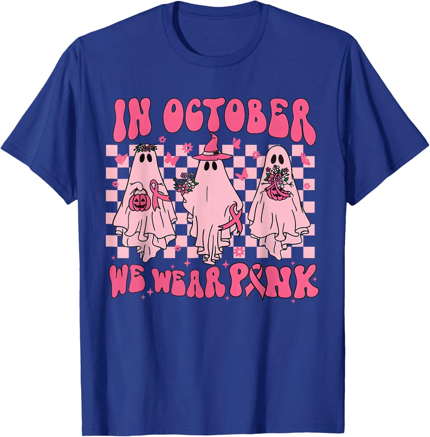 In October We Wear Pink Ghost Groovy Breast Cancer Halloween T-Shirt - T-Shirt | Royal