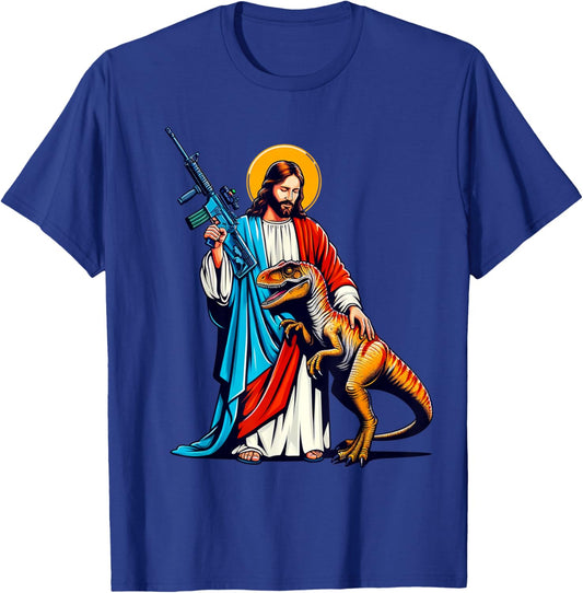 Jesus and Raptor Shirt, Funny AR15 2nd Amendment Patriotic T-Shirt - T-Shirt | Royal