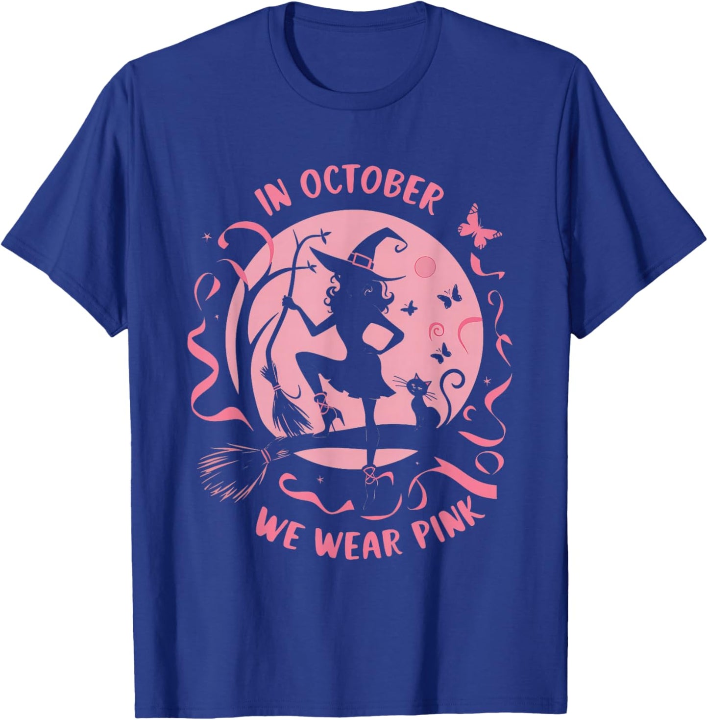 In October We Wear Pink Witch Halloween Breast Cancer Women T-Shirt - T-Shirt | Royal