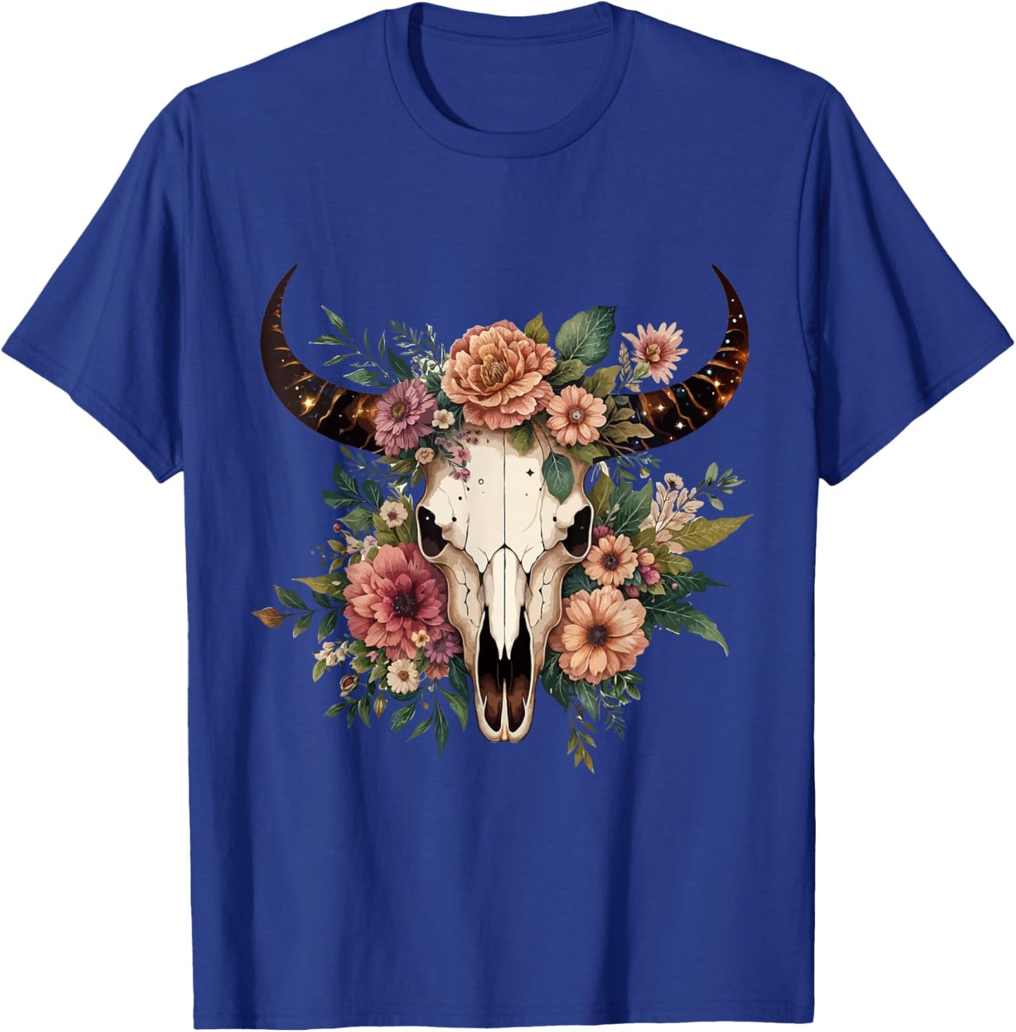Boho Cow Bull Skull Flowers Wild west Western Cowgirl Texans T-Shirt - T-Shirt | Royal