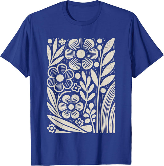 Botanical Floral Line Art Minimalist Nature Linocut Print T-Shirt - T-Shirt | Royal