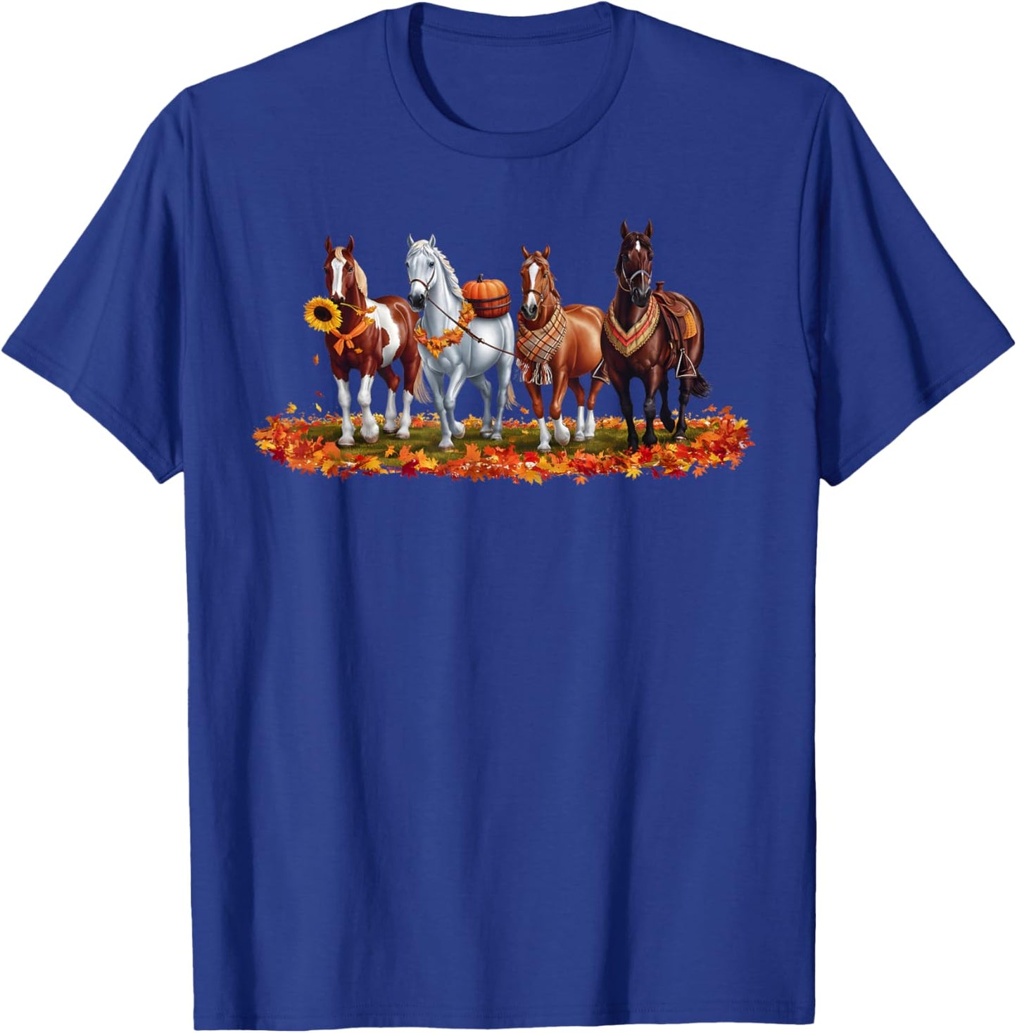 Fall Horse Animal Thanksgiving Sunflowers Pumpkin Leaves T-Shirt - T-Shirt | Royal