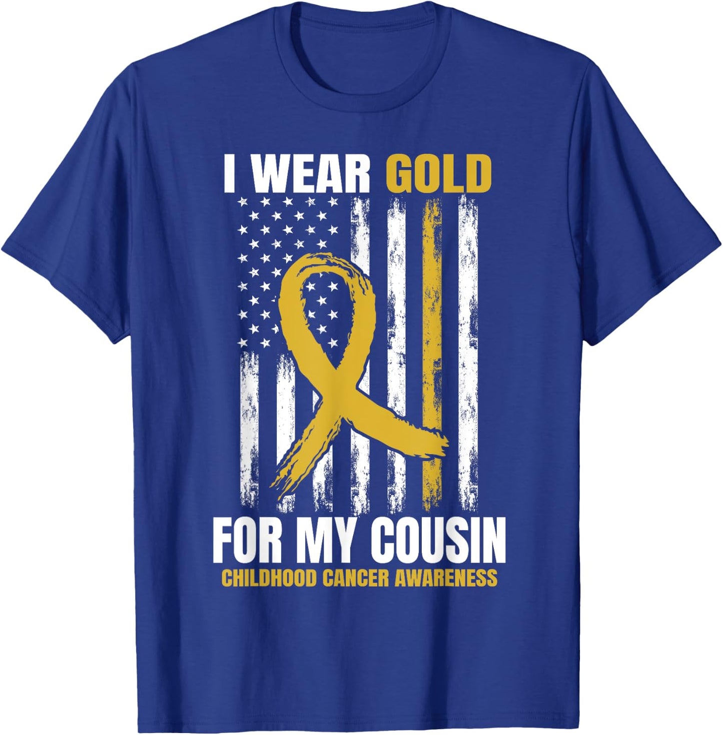 I Wear Gold Cousin Childhood Cancer Awareness American Flag T-Shirt - T-Shirt | Royal