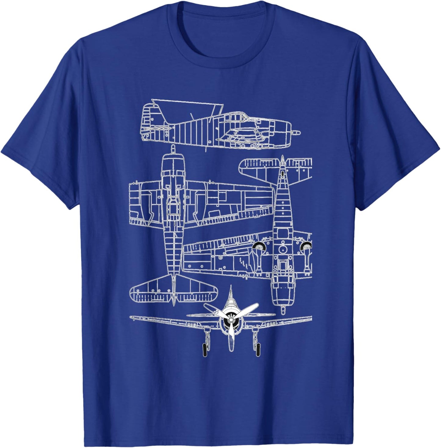Grumman F6F Hellcat WW2 Navy Airplane Blueprint T-Shirt - T-Shirt | Royal