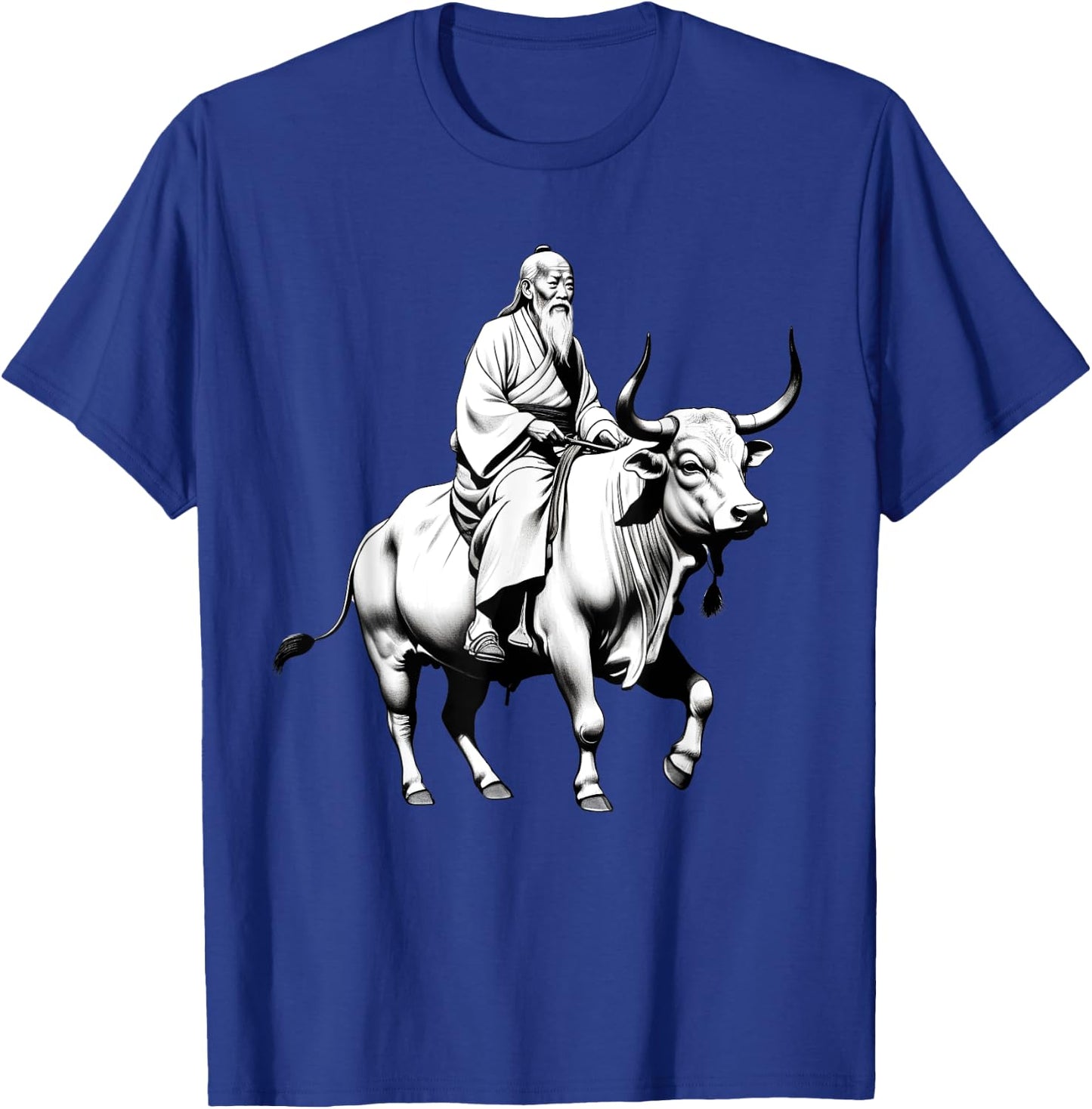 Vintage Spiritual Design Lao Tzu Riding An Ox, Tao Te Ching -Adults, -Kids Grey Short Sleeve Classic Fit Polyester T-Shirt - T-Shirt | Royal