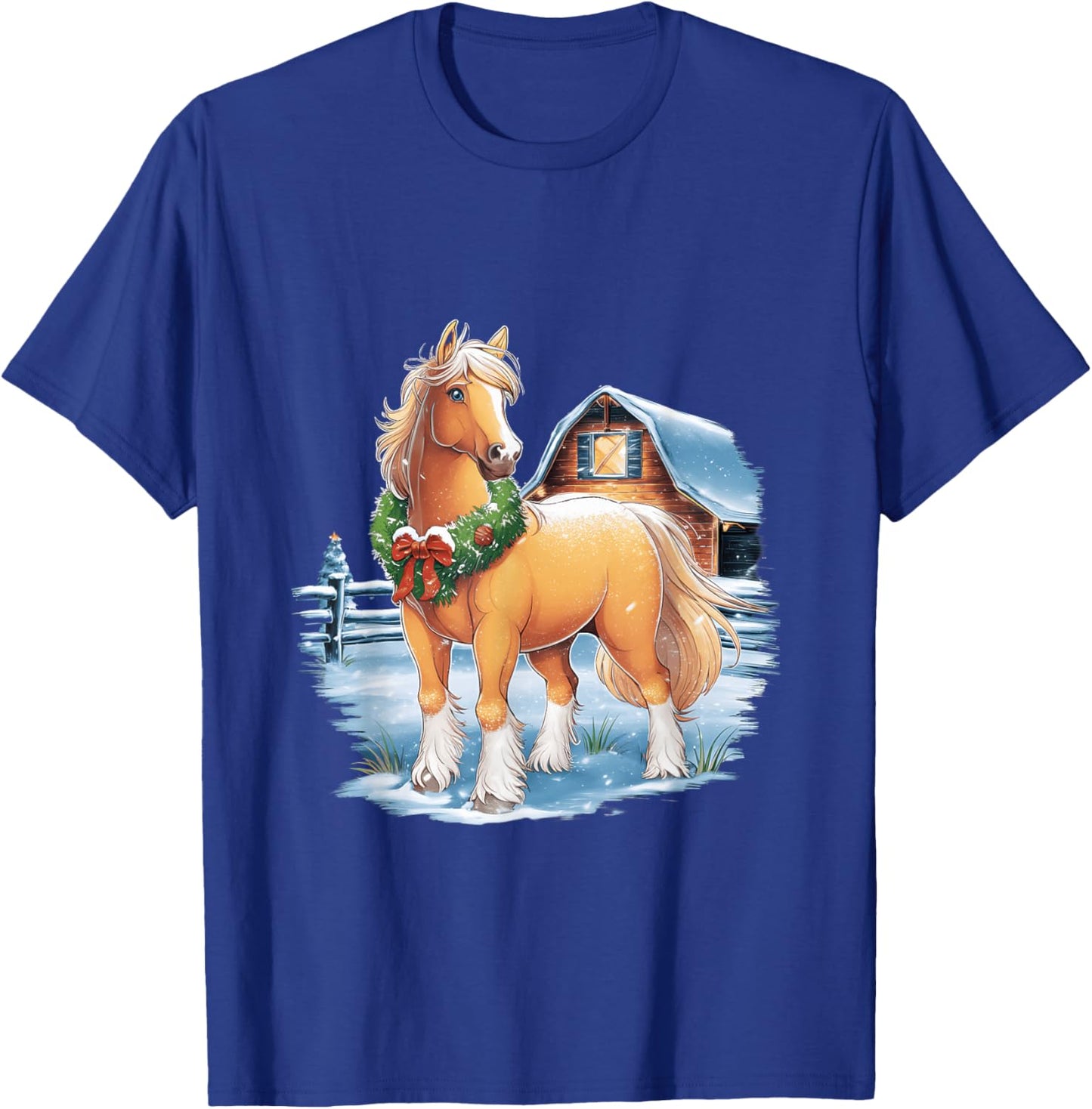 Festive Horse with Wreath in Snowy Barnyard Scene T-Shirt - T-Shirt | Royal