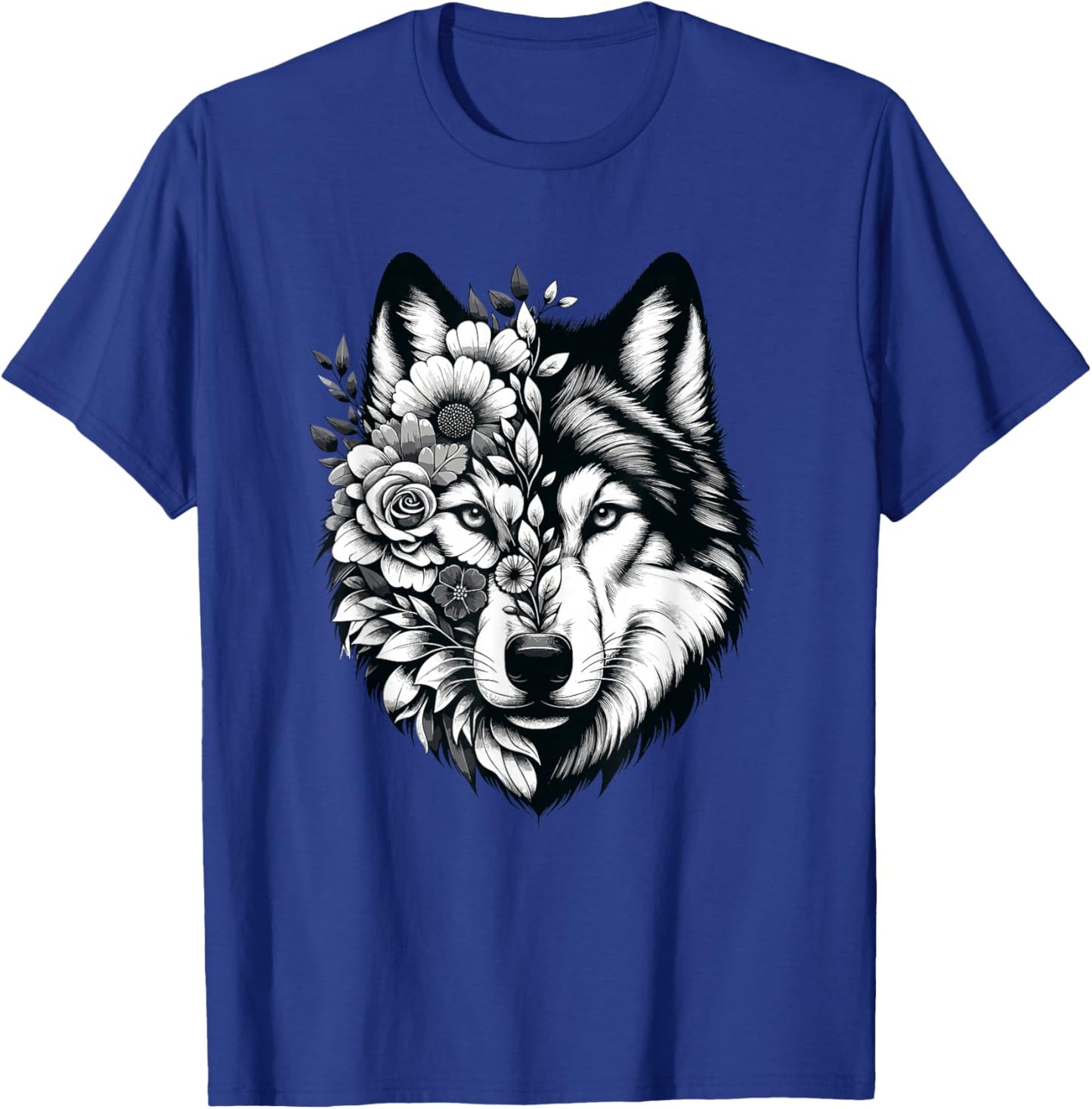 Wolf & Flowers, Wolf Graphic & Floral Wolf Face T-Shirt - T-Shirt | Royal