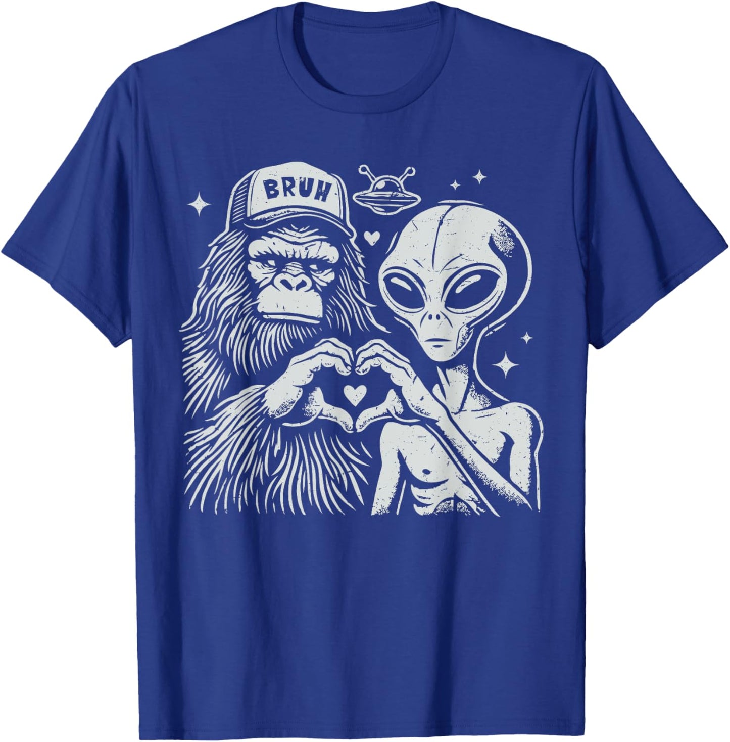 Vintage Funny Bigfoot and Alien Heart Hand Sign T-Shirt - T-Shirt | Royal