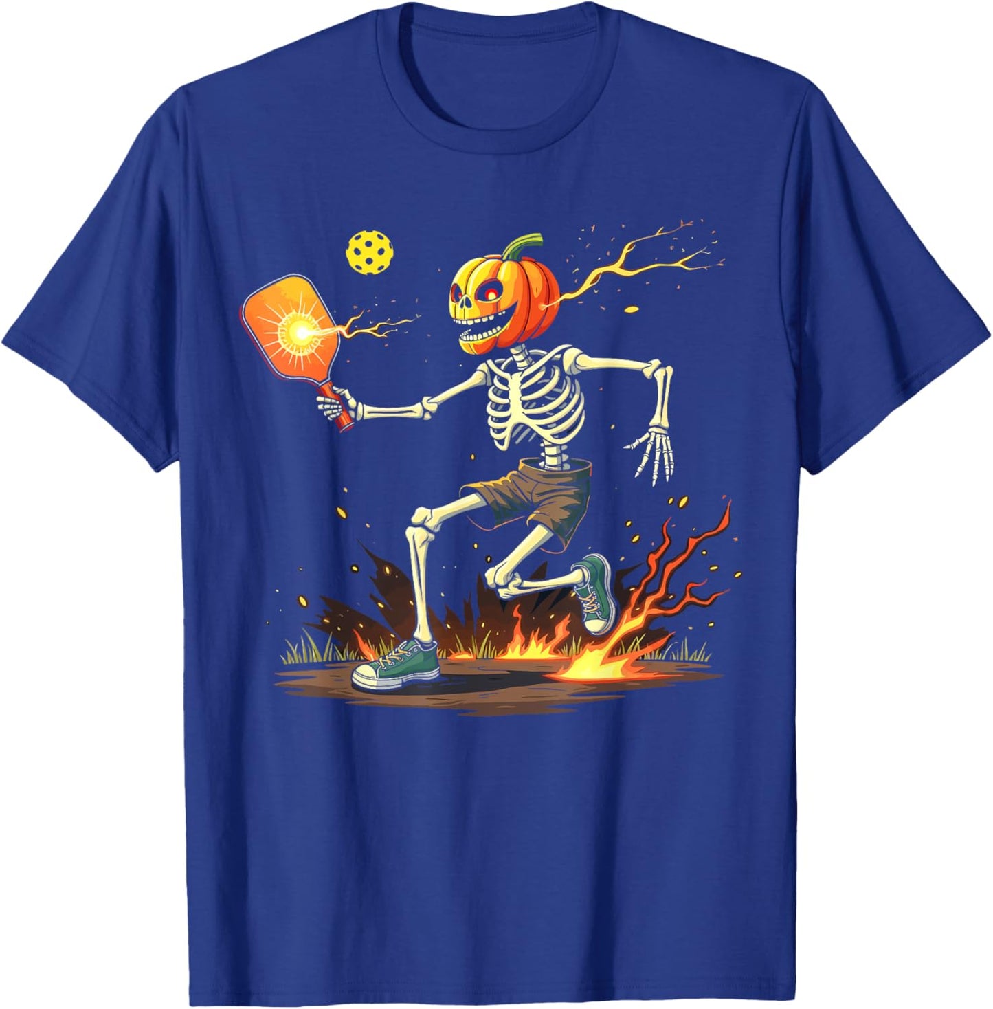 Pumpkin Head Skeleton Pickleball Halloween Spooky Sports T-Shirt - T-Shirt | Royal