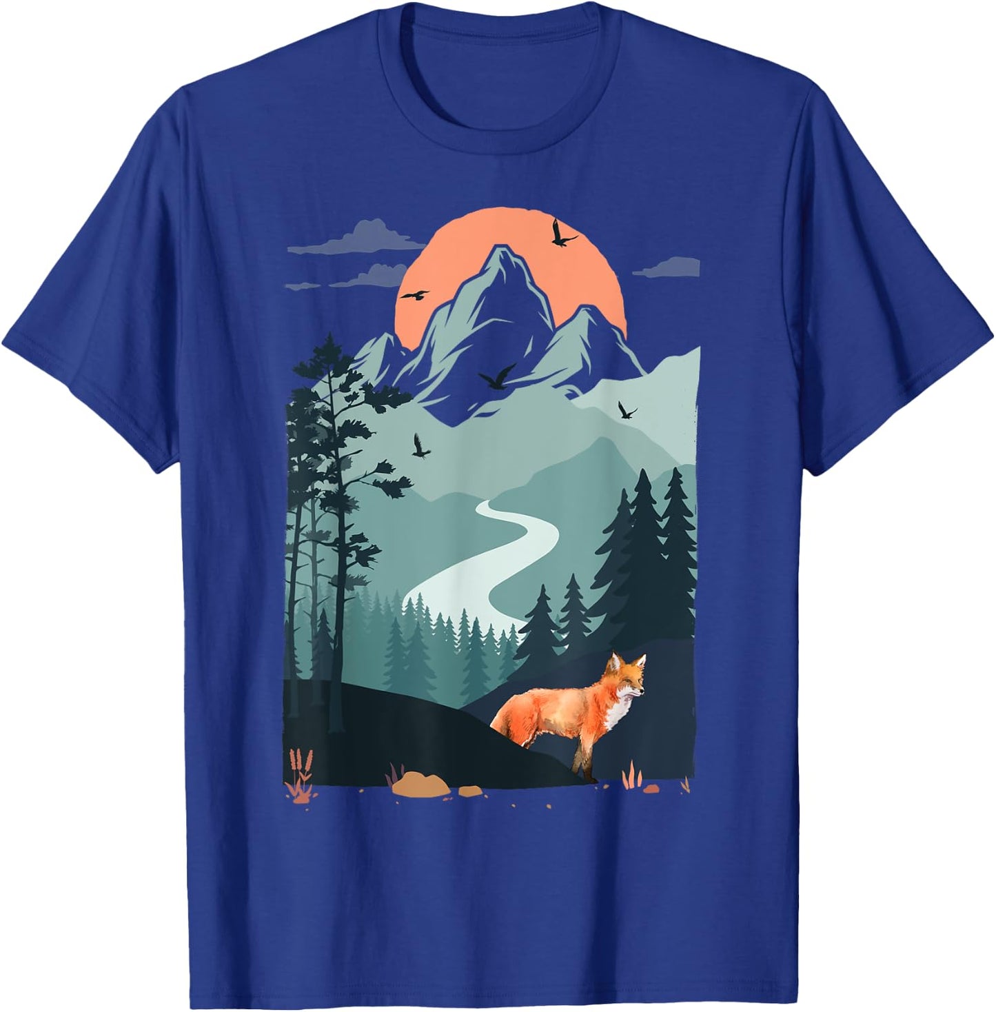 Mountain sunset Pine Tree Bird flying sky Red Standing Fox T-Shirt - T-Shirt | Royal