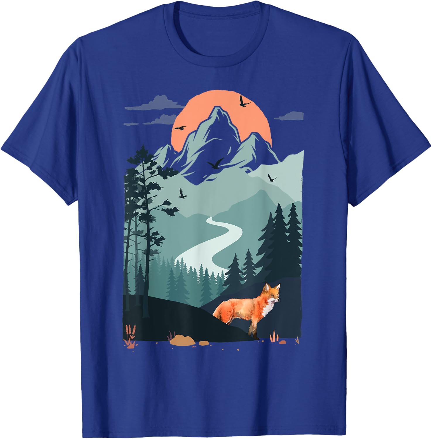 Mountain sunset Pine Tree Bird flying sky Red Standing Fox T-Shirt - T-Shirt | Royal
