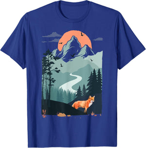Mountain sunset Pine Tree Bird flying sky Red Standing Fox T-Shirt - T-Shirt | Royal