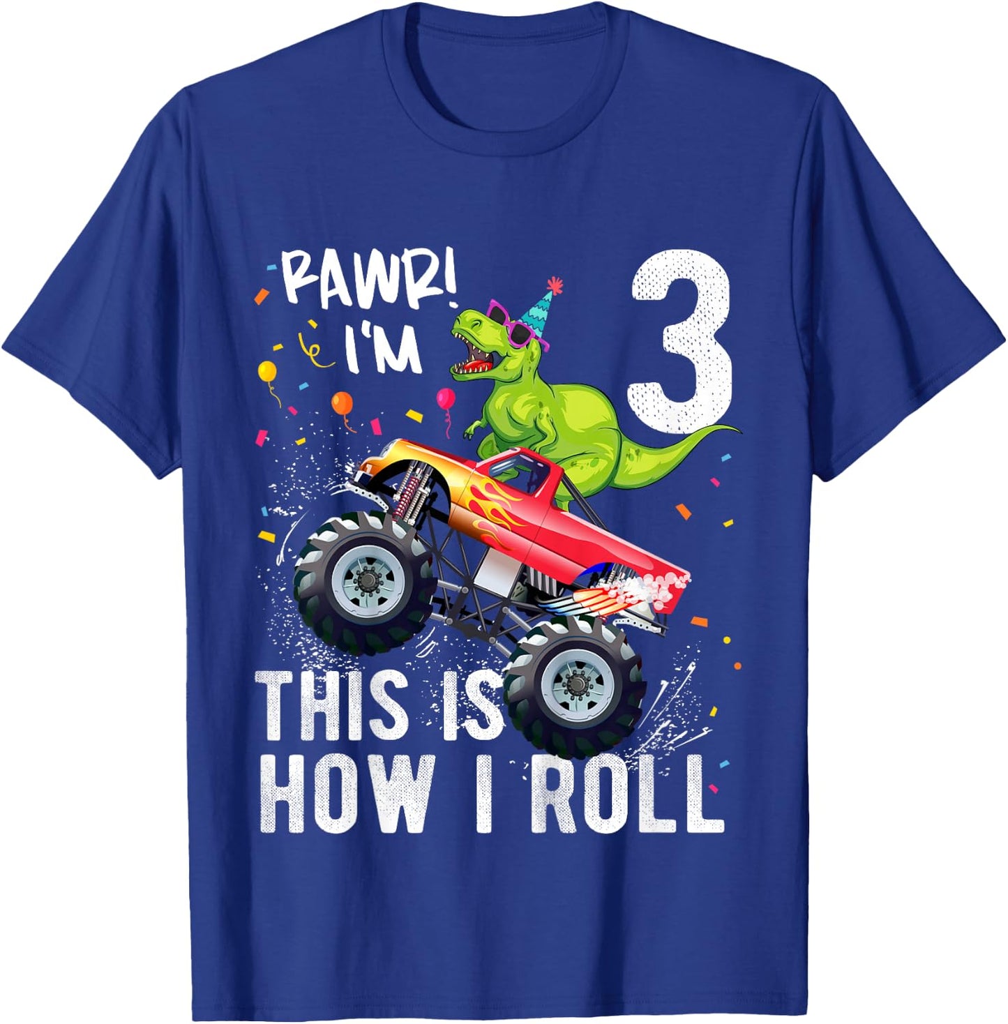 Kids T Rex Dinosaur Monster Truck 3rd Birthday Boys and Girls T-Shirt - T-Shirt | Royal