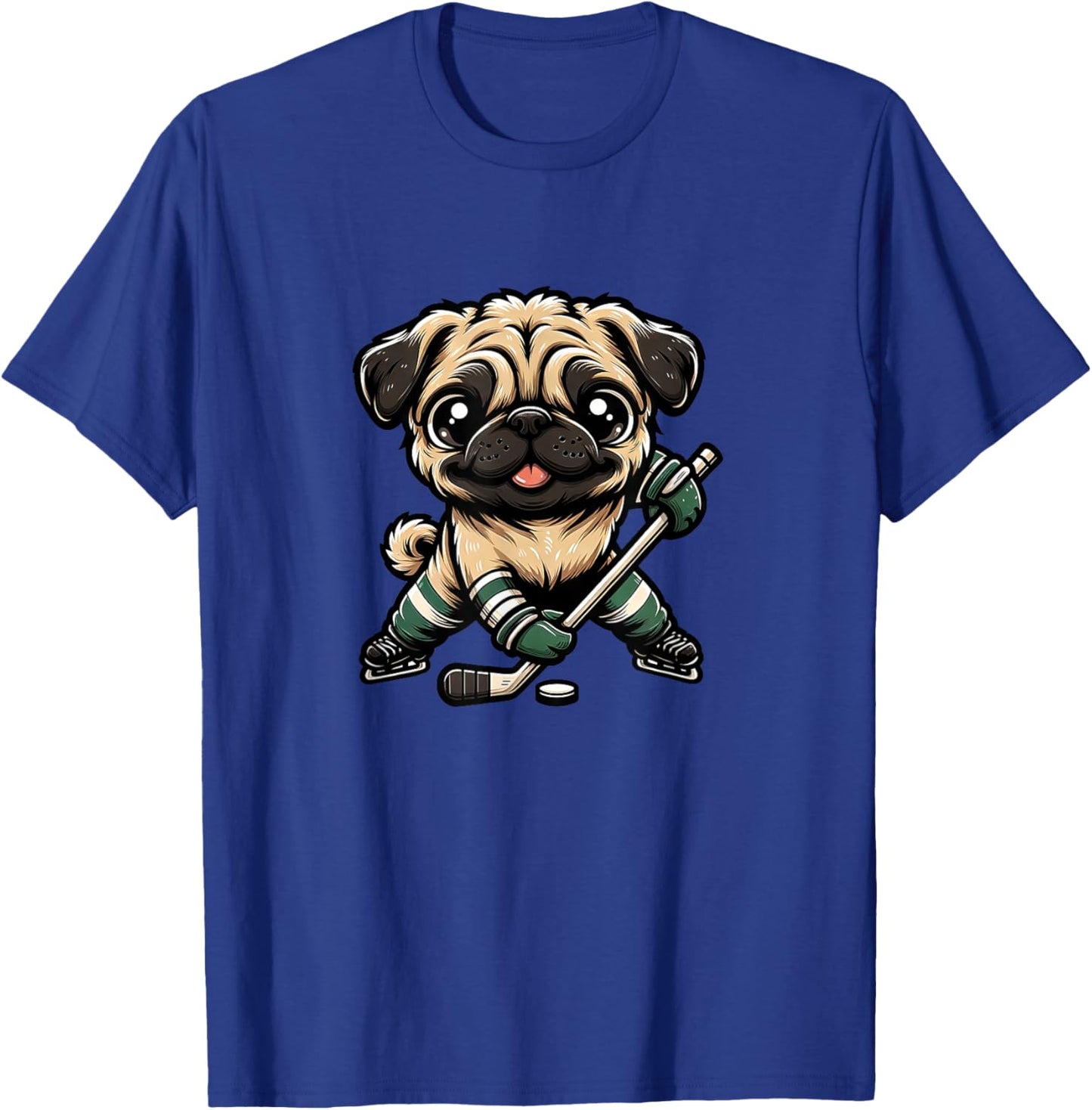 Cute Pug Playing Ice Hockey Dog Design T-Shirt - T-Shirt | Royal