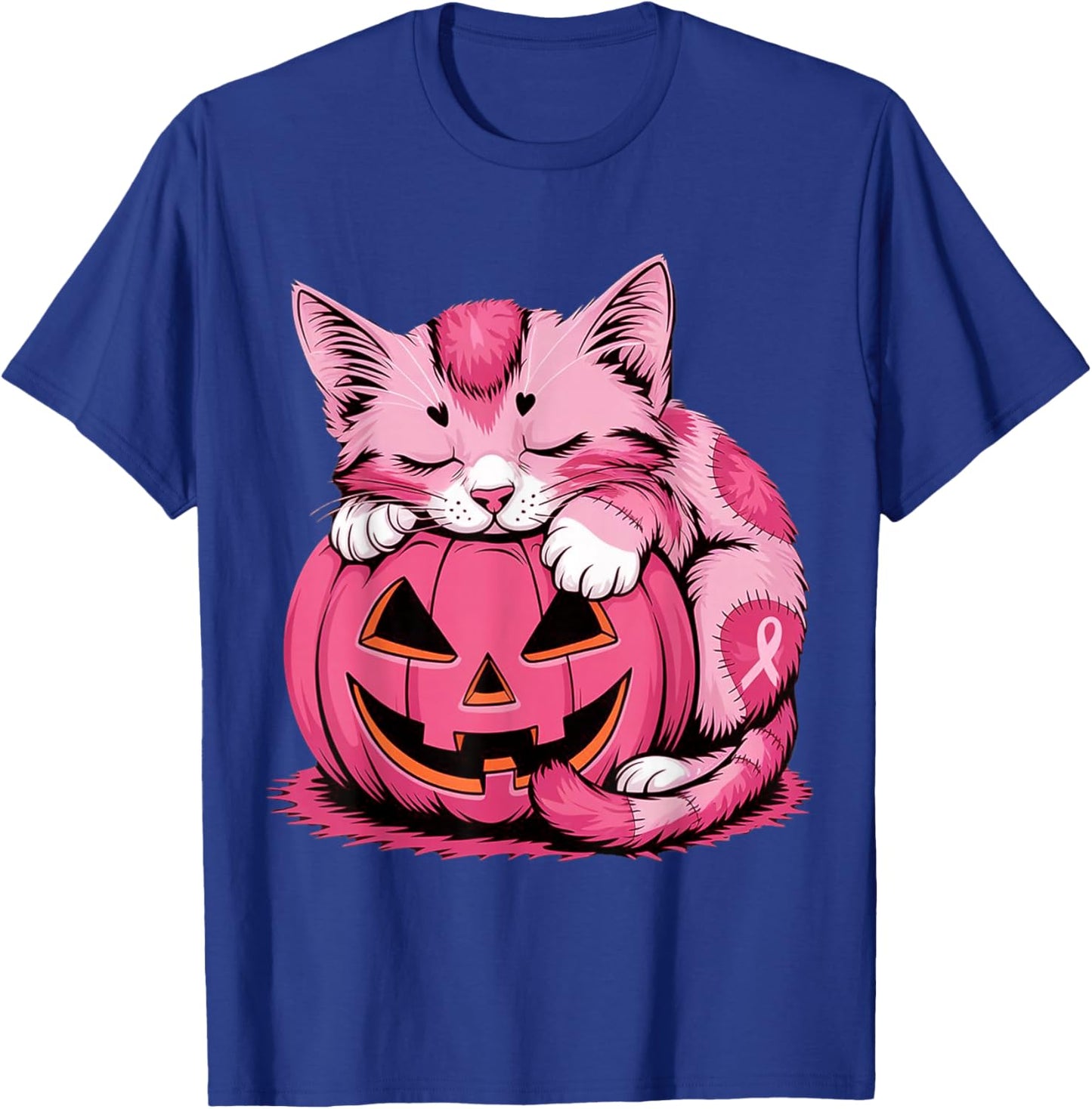 Cute Pink Cat Hugging Pumpkin Breast Cancer Awareness Kitten T-Shirt - T-Shirt | Royal